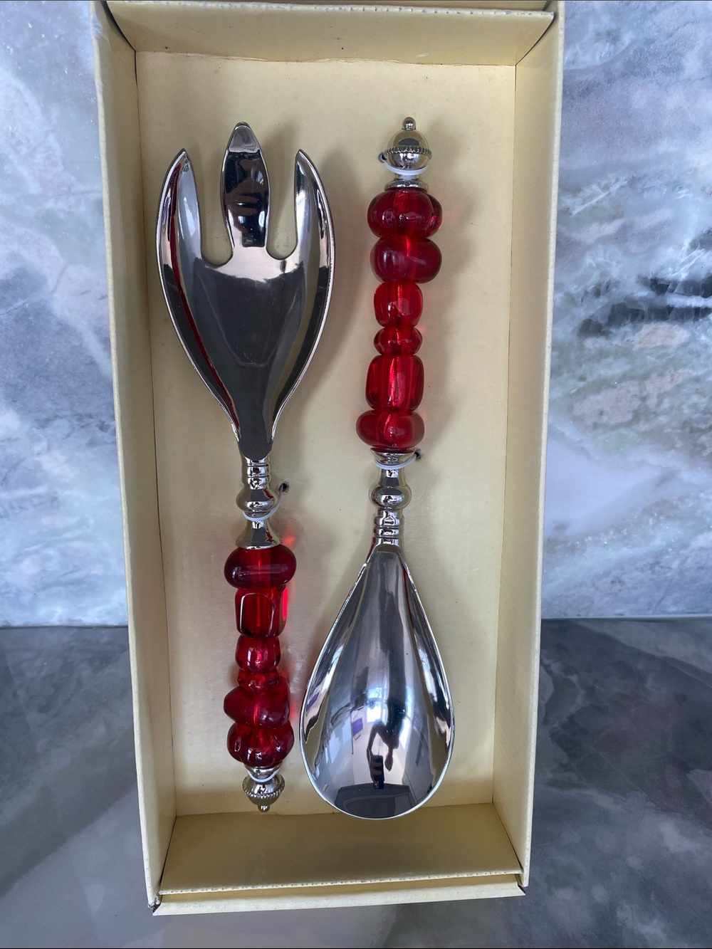 NIB Red Beaded Salad Serving Set with Silver-Tone Utensils